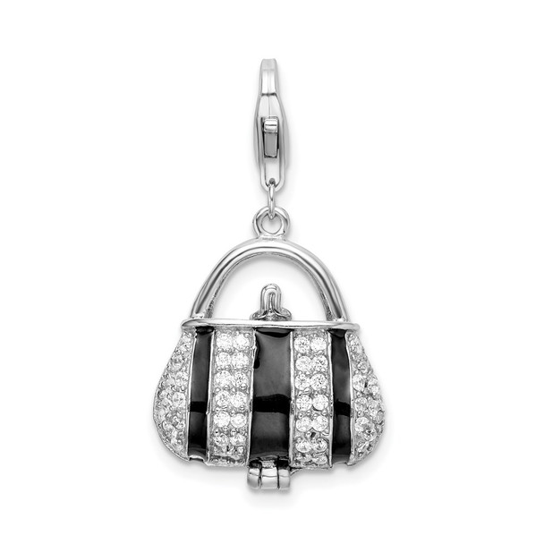 Rhodium-Plated Sterling Silver Black Enameled CZ Handbag w/Lobster Clasp Charm
