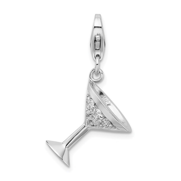 Sterling Silver CZ Rhodium Plated 3-D Martini Glass w/Lobster Clasp Charm