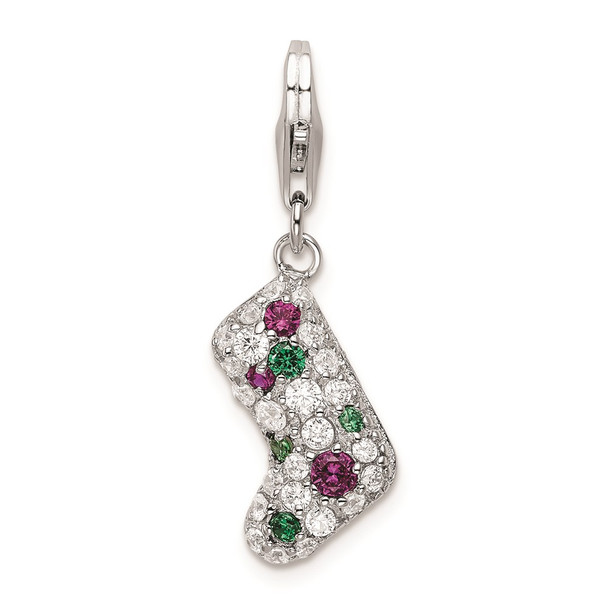 Rhodium-Plated Sterling Silver Multicolor CZ Stocking w/Lobster Clasp Charm