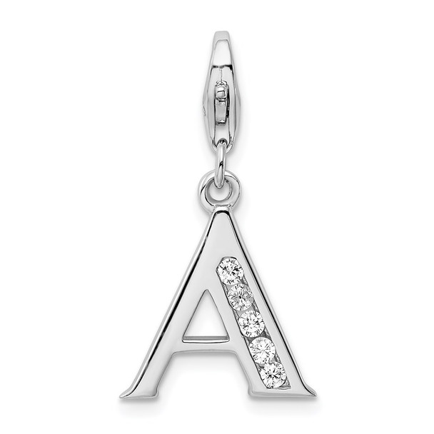 Rhodium-Plated Sterling Silver CZ Letter A w/Lobster Clasp Charm QCC104A