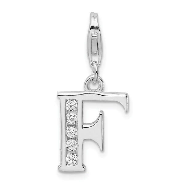 Rhodium-Plated Sterling Silver CZ Letter F w/Lobster Clasp Charm QCC104F