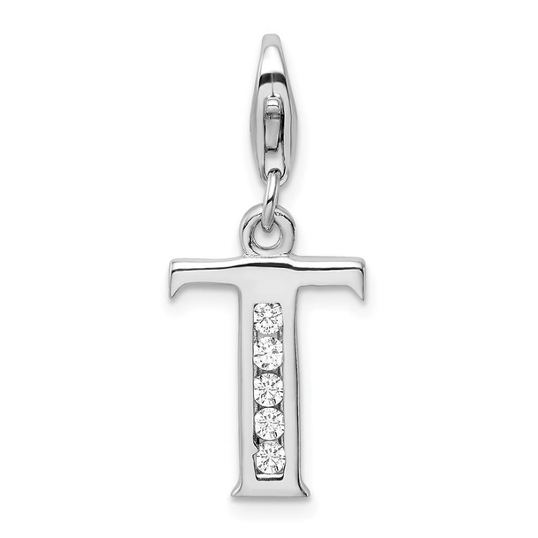 Rhodium-Plated Sterling Silver CZ Letter T w/Lobster Clasp Charm QCC104T