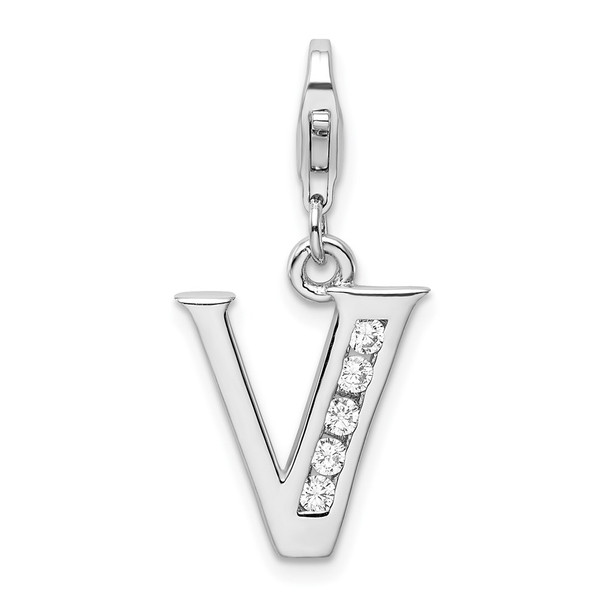 Rhodium-Plated Sterling Silver CZ Letter V w/Lobster Clasp Charm QCC104V