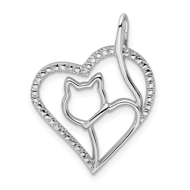 Sterling Silver Rhodium-Plated CZ Heart w/Cat Silhouette Pendant