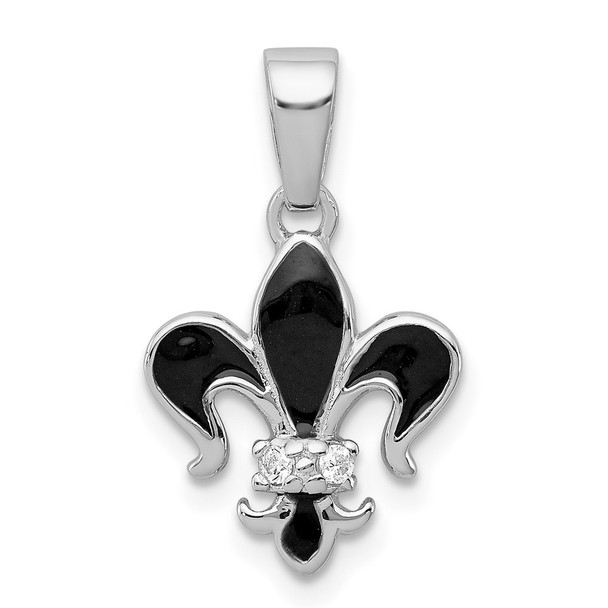 Sterling Silver Rhodium-plated Black Enamel Fleur De Lis Pendant