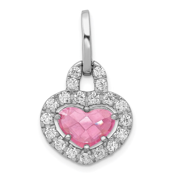 Sterling Silver Rhodium-Plated Pink And Clear CZ Heart Pendant