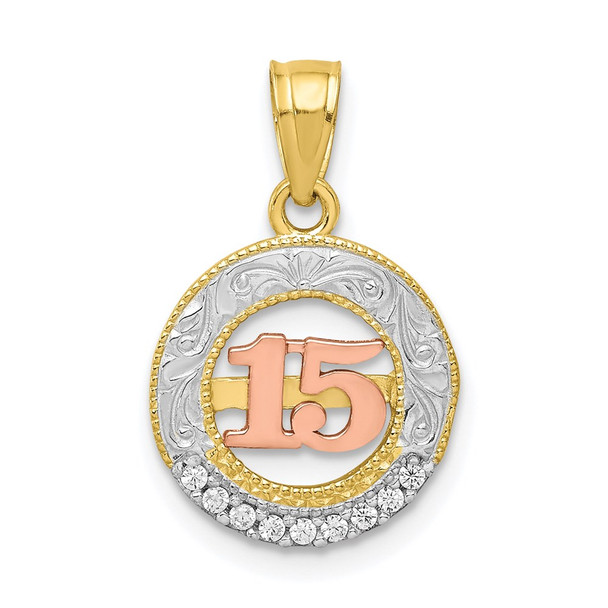 10k Yellow and Rose Gold with Rhodium-Plating CZ 15 Round Pendant