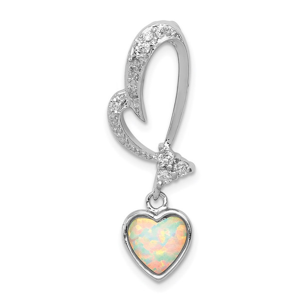 Sterling Silver Rhodium Plated Lab-Created Opal And CZ Heart Pendant