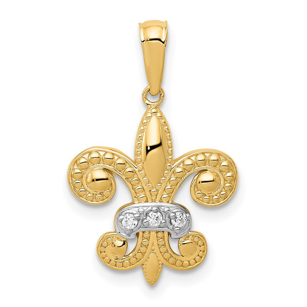 14k Yellow Gold And Rhodium Polished Diamond Fleur De Lis Pendant