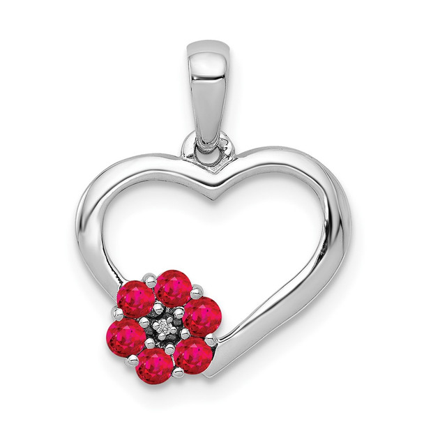 10k White Gold Diamond and Ruby Heart w/ Flower Pendant
