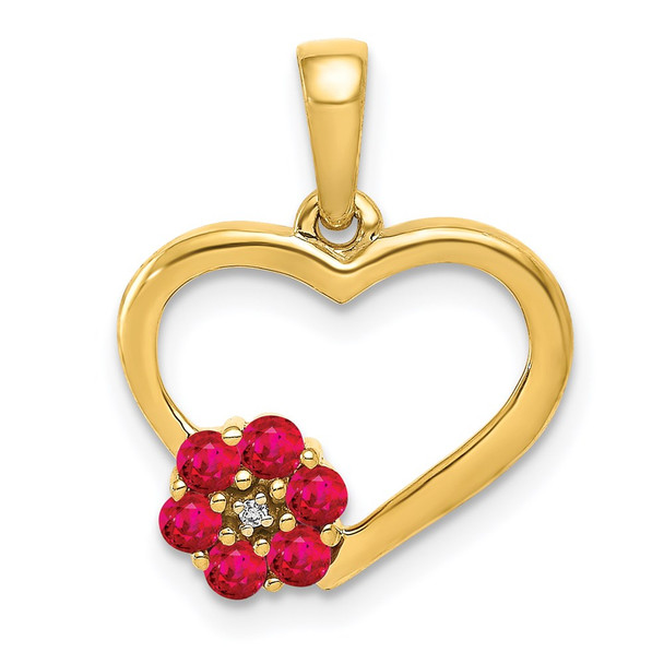 14k Yellow Gold Diamond and Ruby Heart w/Flower Pendant