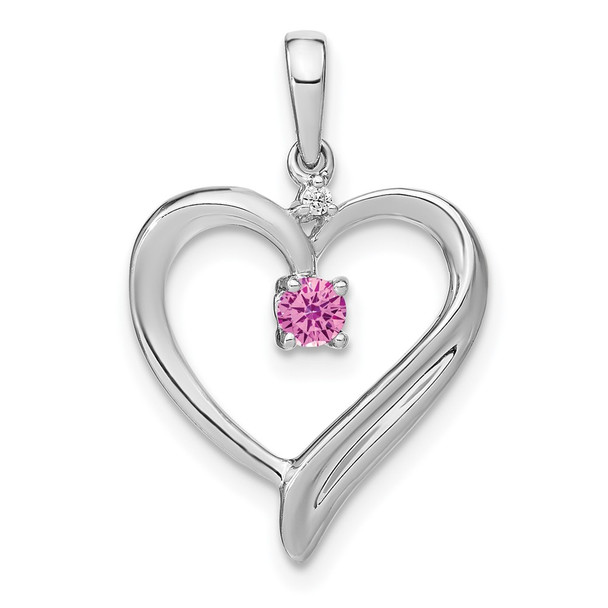 14k White Gold Lab-Created Pink Sapphire And Diamond Heart Pendant 7005