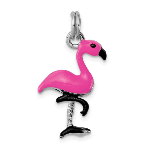 Sterling Silver Rhodium-plated Enamel Flamingo Charm