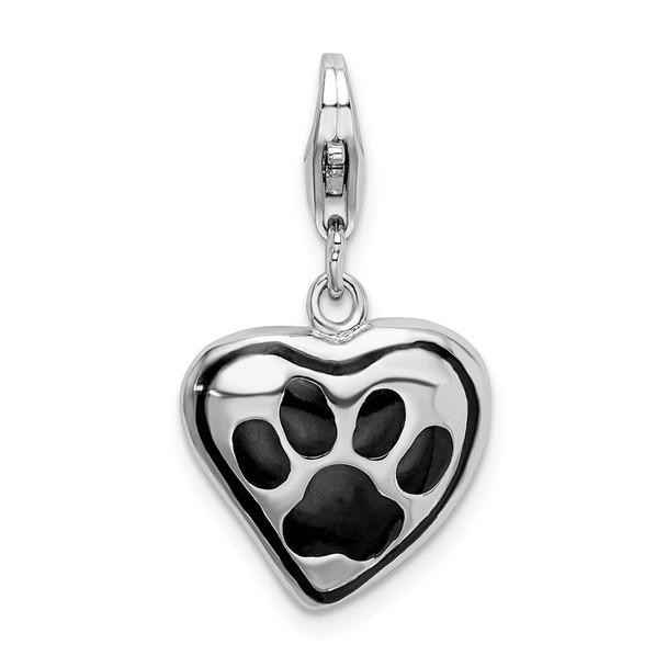 Sterling Silver Polished and Enameled Heart w/ Dog Paw Print Charm