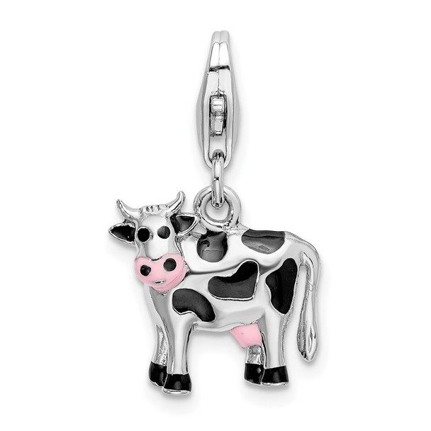 Sterling Silver Polished and Enameled 3D Cow Charm