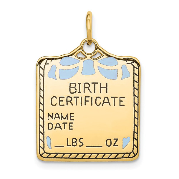 14k Yellow Gold Enameled Blue Engravable Birth Certificate Charm A0364/B
