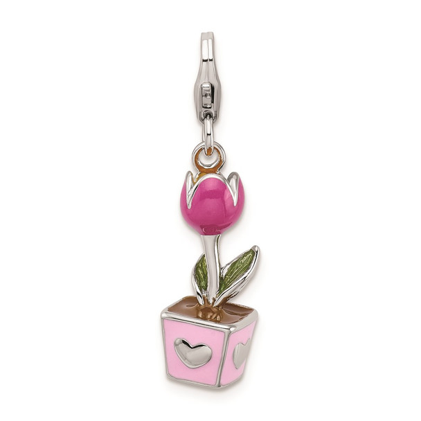 Sterling Silver 3-D Pink Enameled Potted Tulip Flower w/Lobster Clasp Charm