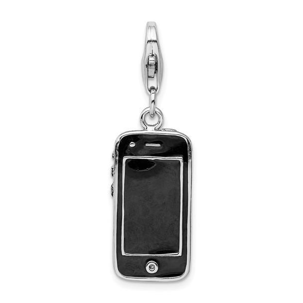 Sterling Silver Rhodium-plated Black Enameled 3D Cell Phone Charm