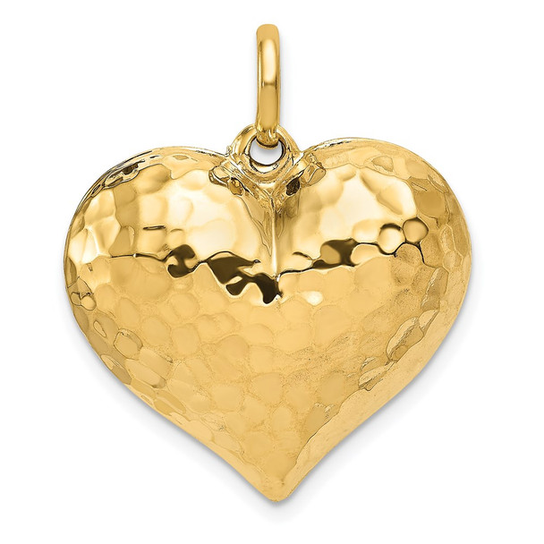 14k Yellow Gold Polished and Hammered 3-D Heart Charm D1045