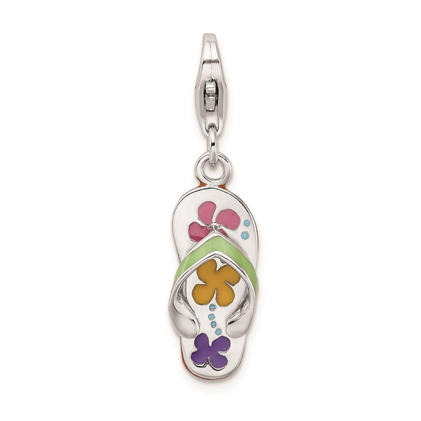 Rhodium-Plated Sterling Silver 3-D Enameled Flip-Flop w/Lobster Clasp Charm