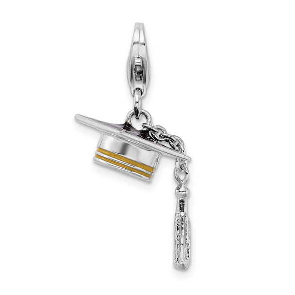 Rhodium-Plated Sterling Silver 3-D Enameled Graduation Cap W/Lobster Clasp Charm