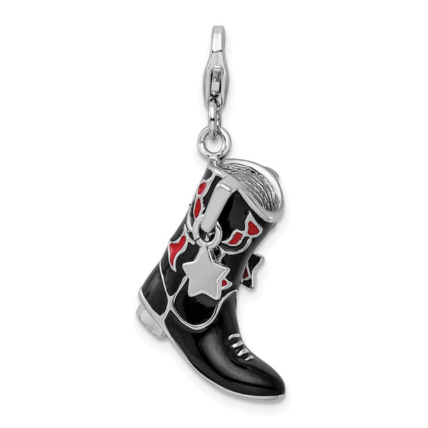 Sterling Silver Black/Red Enameled Cowboy Boot w/Lobster Clasp Charm
