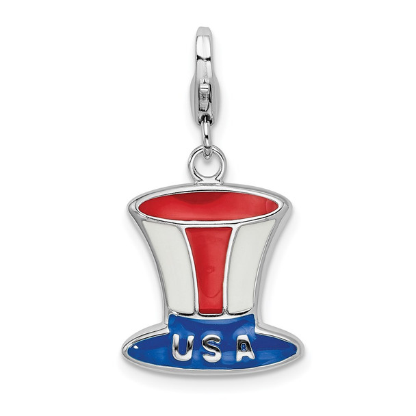 Rhodium-Plated Sterling Silver Enameled USA Hat w/Lobster Clasp Charm