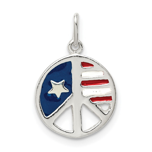 Sterling Silver Polished Enamel American Flag Peace Sign Charm