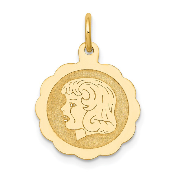 14k Yellow Gold Girl Head on .013 Gauge Engravable Scalloped Disc Charm XM68/13