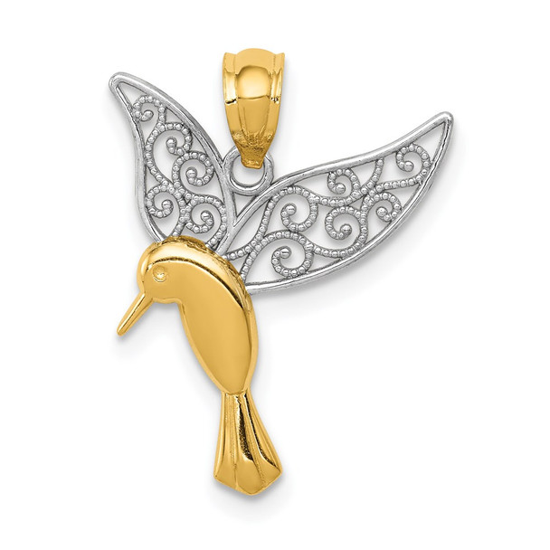 14k Yellow Gold And Rhodium Polished Hummingbird Filigree Wings Pendant