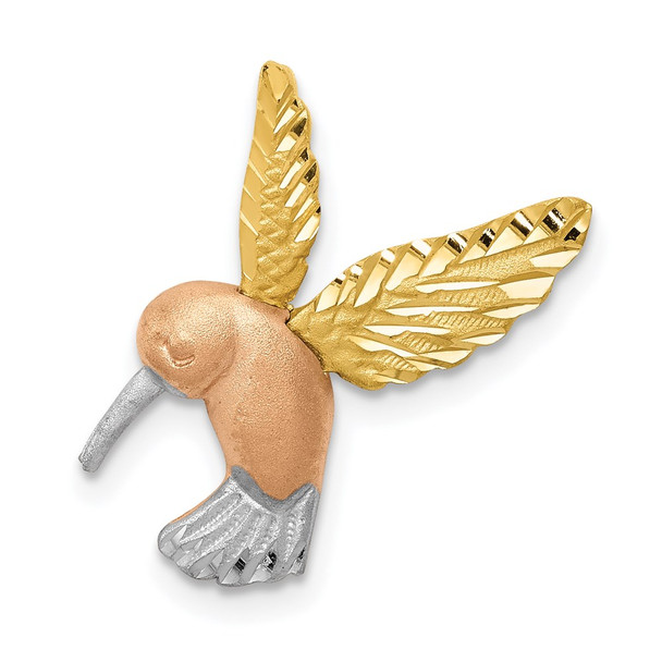 14k Two-tone Gold w/ Rhodium Satin and Diamond-cut Hummingbird Slide Pendant