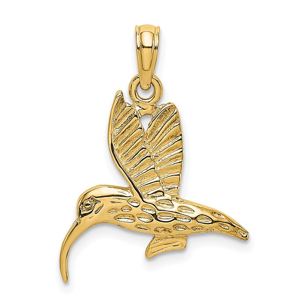 14k Yellow Gold Textured Hummingbird Flying Pendant