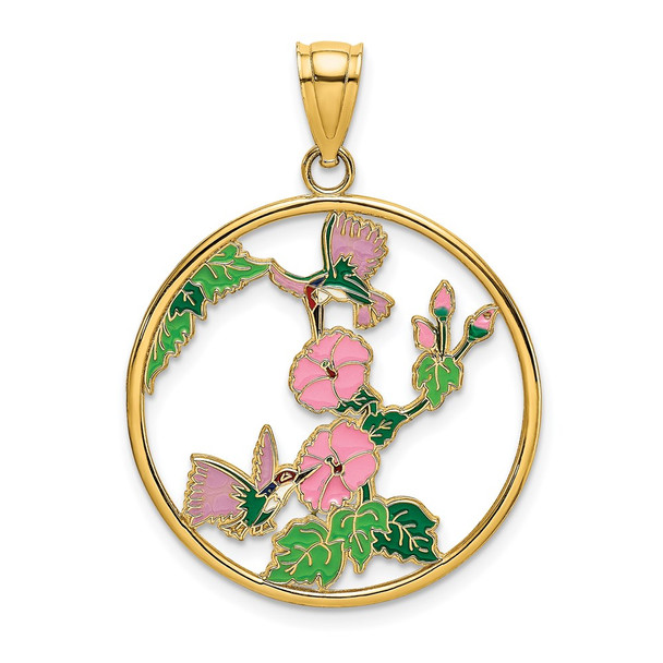 14k Yellow Gold w/ Enamel Hummingbirds and Flowers In Circle Pendant