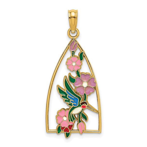 14k Yellow Gold w/ Enamel Hummingbird and Flowers Pendant