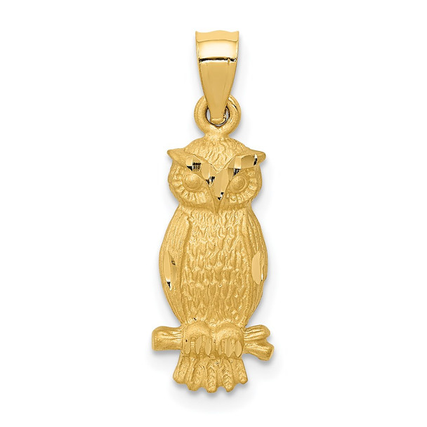 14k Yellow Gold Satin Diamond-Cut Owl Pendant