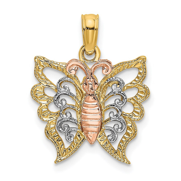 14k Yellow and Rose Gold with Rhodium Butterfly Cut-Out Pendant