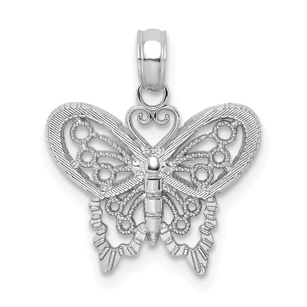 14k White Gold Polished and Beaded Butterfly Pendant