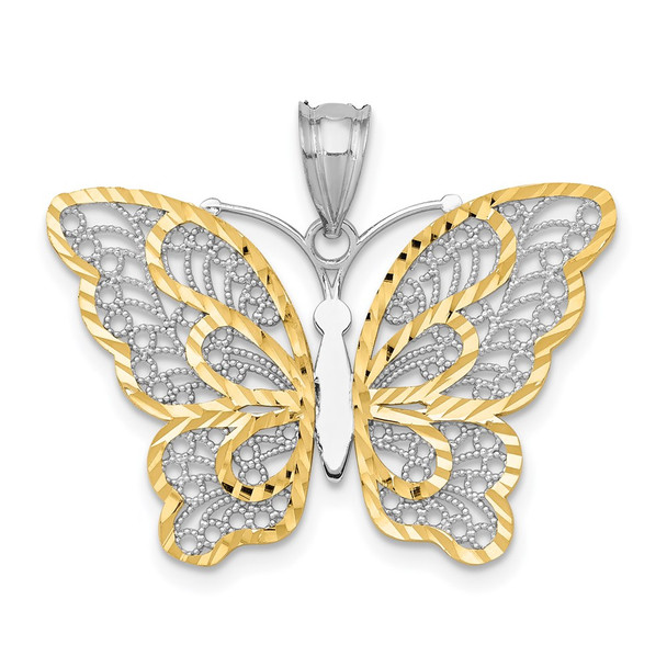 14k White Gold w/Yellow Plating Polished Filigree Butterfly Pendant
