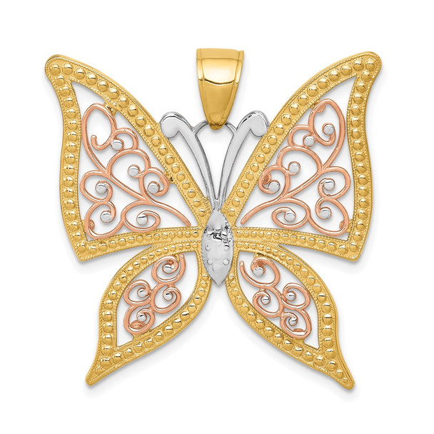 14k Yellow and Rose Gold w/Rhodium Shiny-Cut Butterfly Pendant