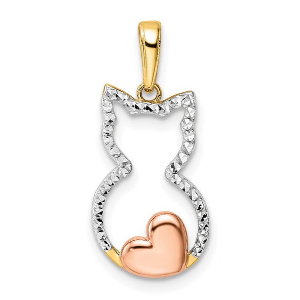 14k Yellow Gold w/ White and Pink Rhodium Diamond-cut Cat and Heart Pendant