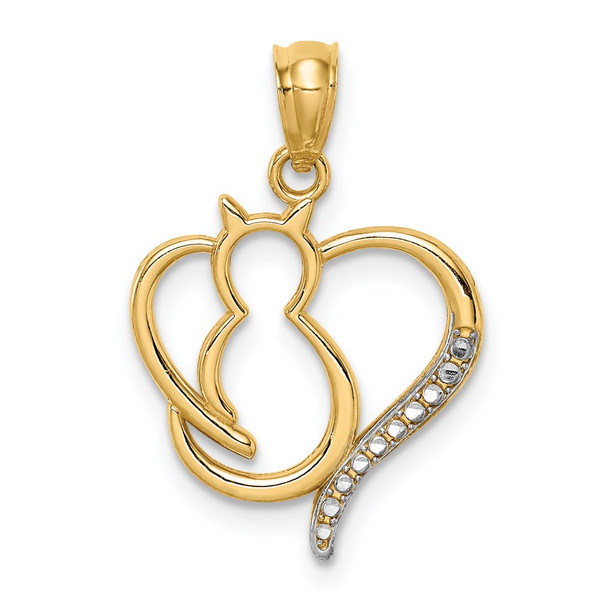 14k Yellow Gold And Rhodium Sitting Cat In A Heart Pendant