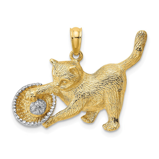 14k Yellow Gold And Rhodium Cat Playing With Yarn In Basket Pendant