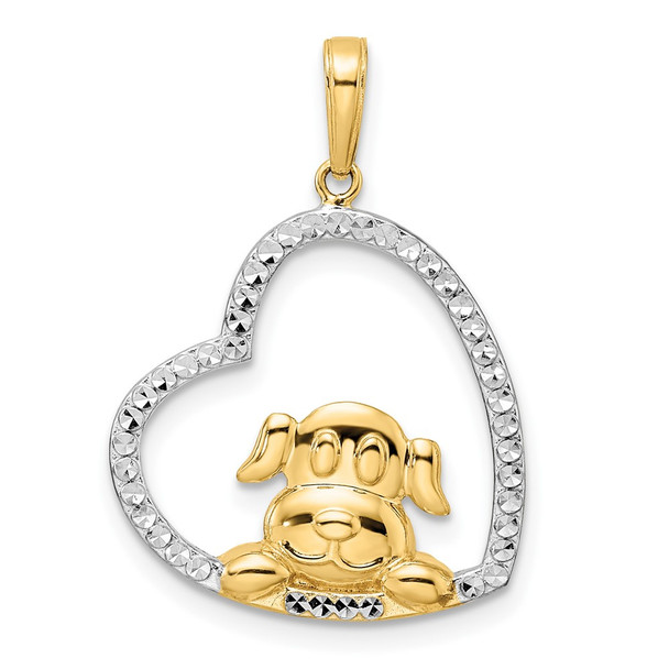 14k Yellow Gold and White Rhodium Diamond-cut Puppy in Heart Pendant