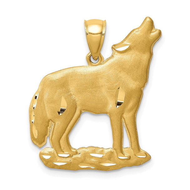 14k Yellow Gold Brushed Diamond-Cut Wolf Pendant