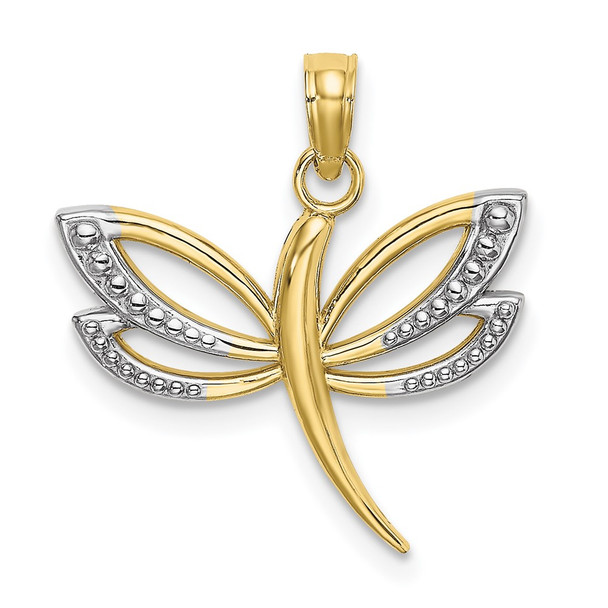 10k Yellow Gold With Rhodium-Plating Textured Dragonfly Pendant