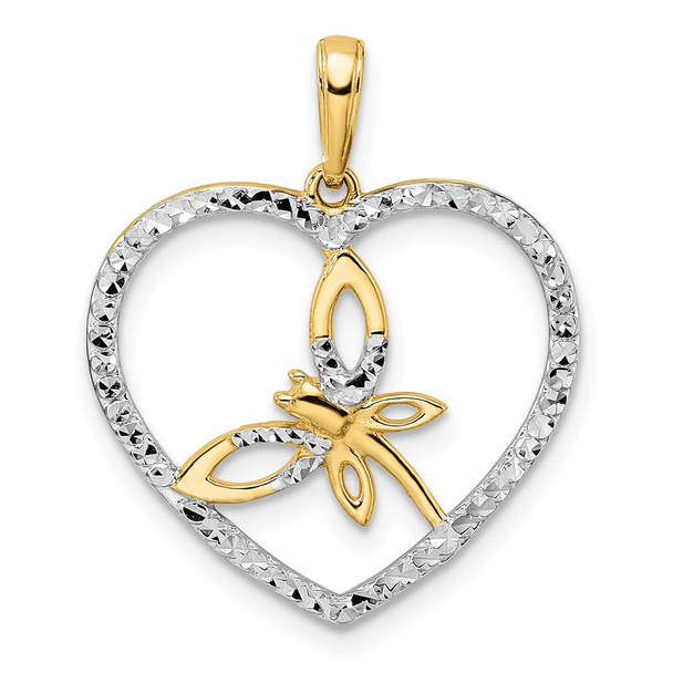 14k Yellow Gold and White Rhodium Diamond-cut Dragonfly in Heart Pendant