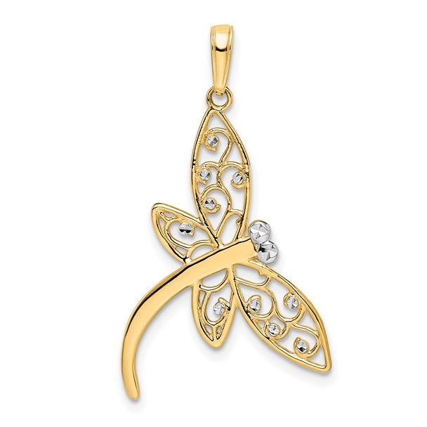 14k Yellow Gold and White Rhodium Diamond-cut Filigree Dragonfly Pendant