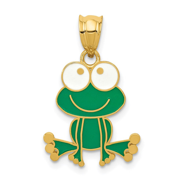 14k Yellow Gold Green and White Enameled Frog Pendant