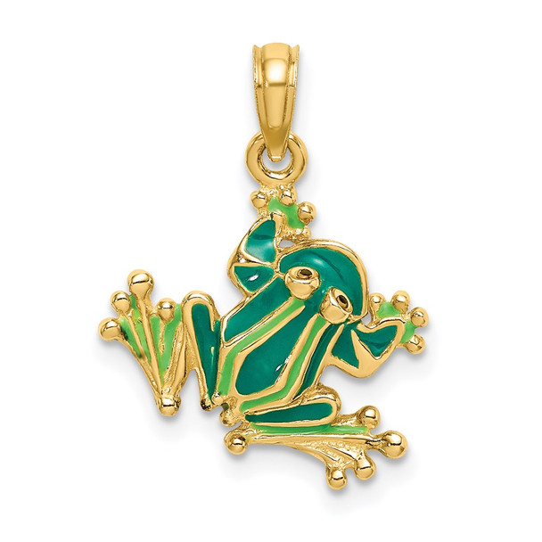 14k Yellow Gold Green Enameled 2-D Small Frog Pendant