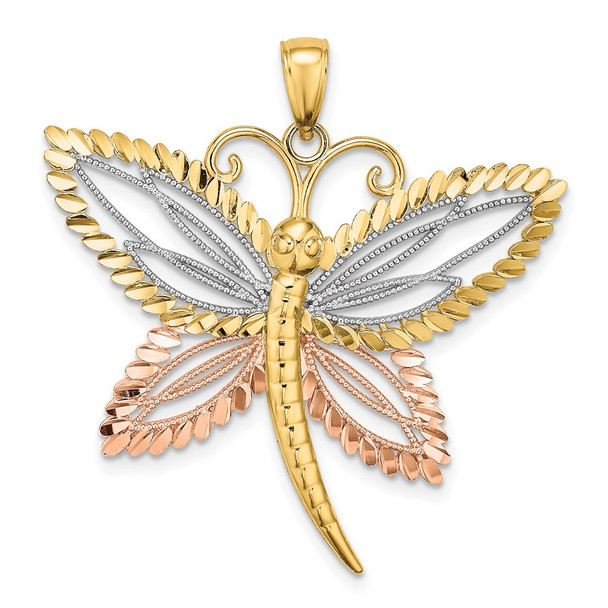 14k Yellow and Rose Gold w/ Rhodium Dragonfly Beaded Diamond-cut Wings Pendant